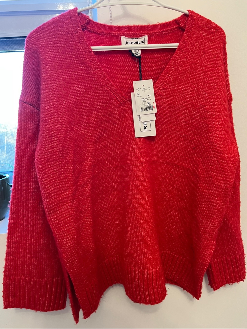Democracy Bright Red V-Neck Chenille Sweater